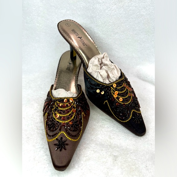 White Stag brown beaded 2+ inch mules - Picture 2 of 5